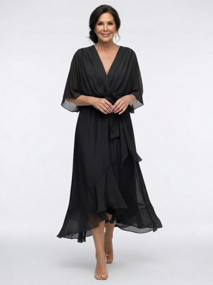 Elysia | Vestito Midi con Scollatura a V e Vita con Nastro