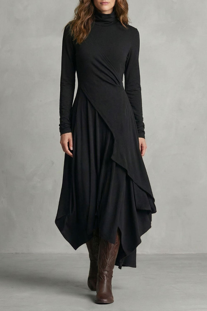Sorellia – Drappeggio Asimmetrico – Abito Midi con Collo Alto