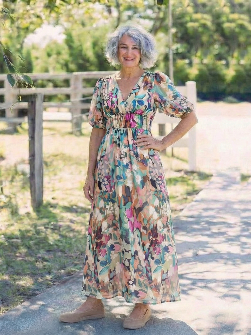 Eulalie | Abito midi a manica corta e scollo a V con vita arricciata