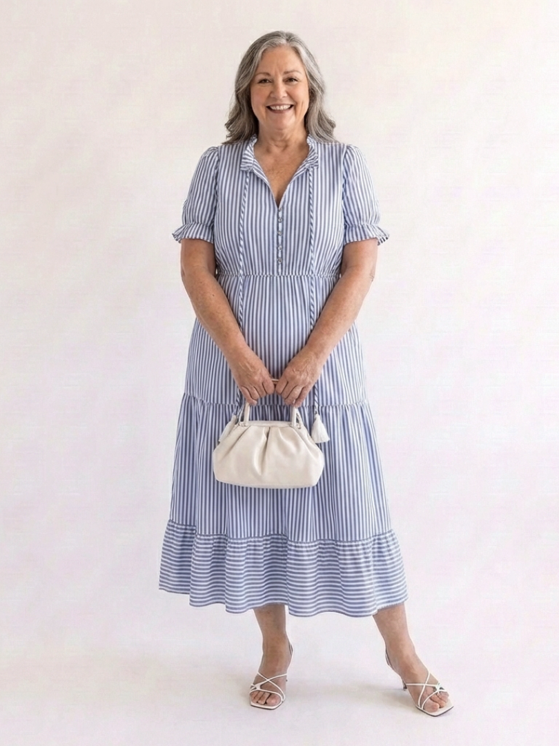 Dakota | Vestito Midi a Manica Corta a Righe con Volant