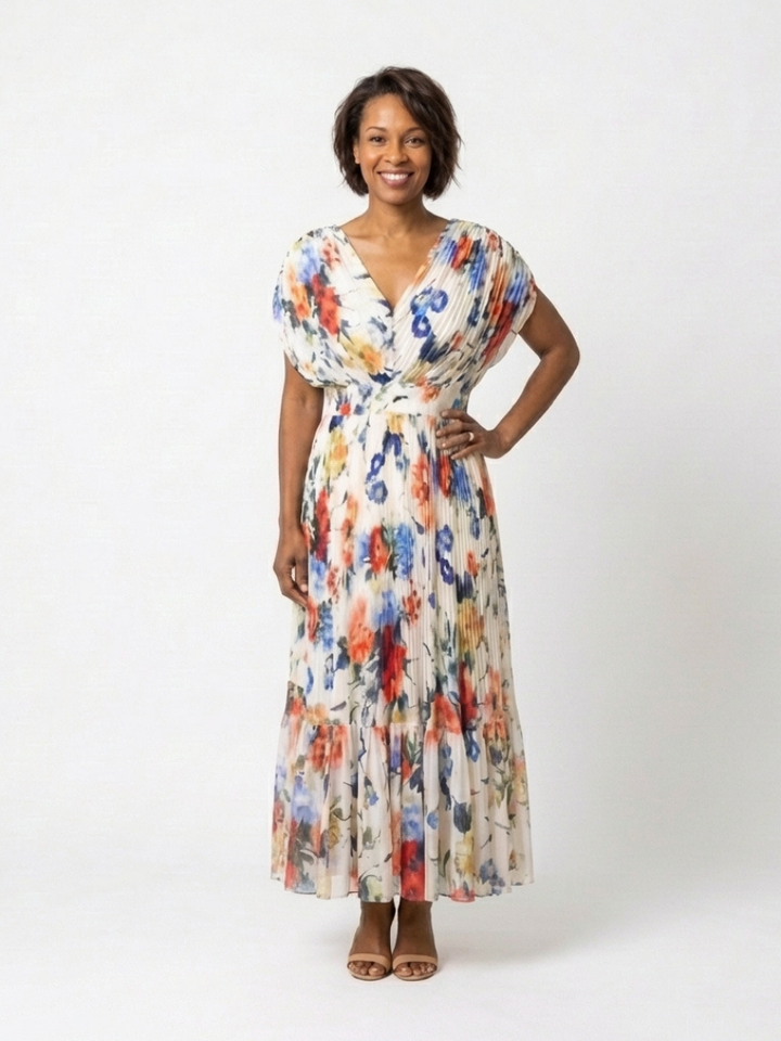 Savannah | Vestito midi floreale con maniche corte e plissettature