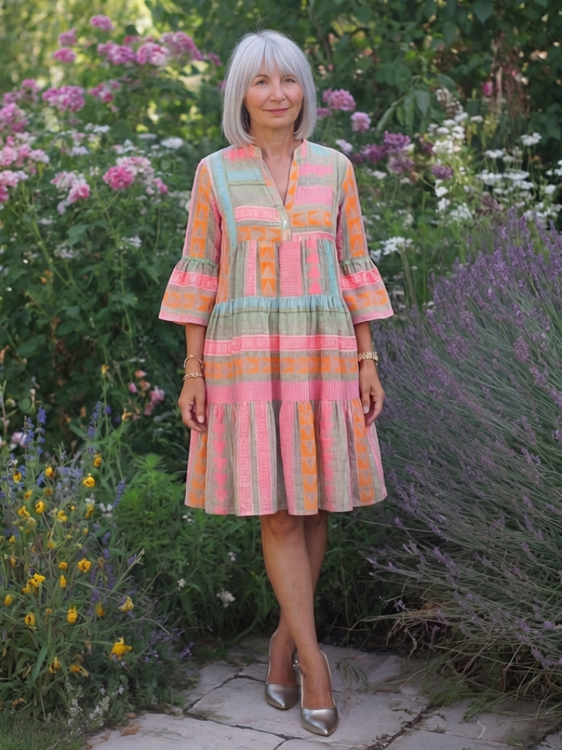 Maelle | Vestito lungo fino al ginocchio con stampa geometrica e scollatura a V