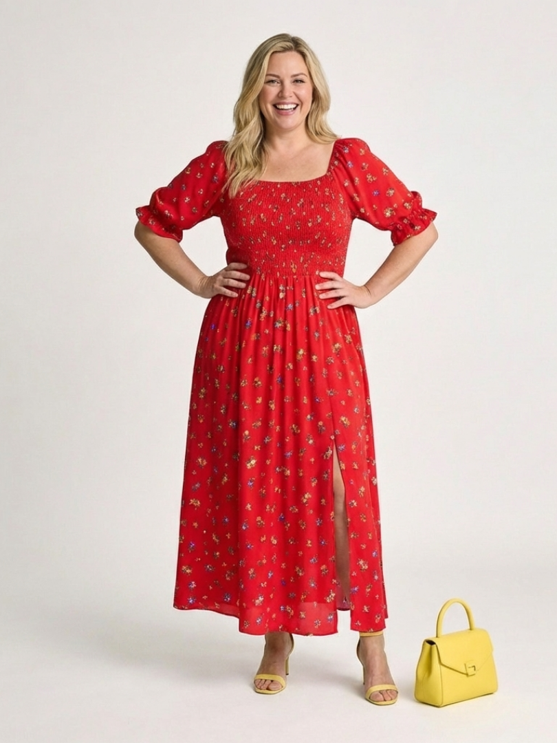 Delphine | Vestito Midi con Maniche A Palloncino e Collo Quadrato e Floreale