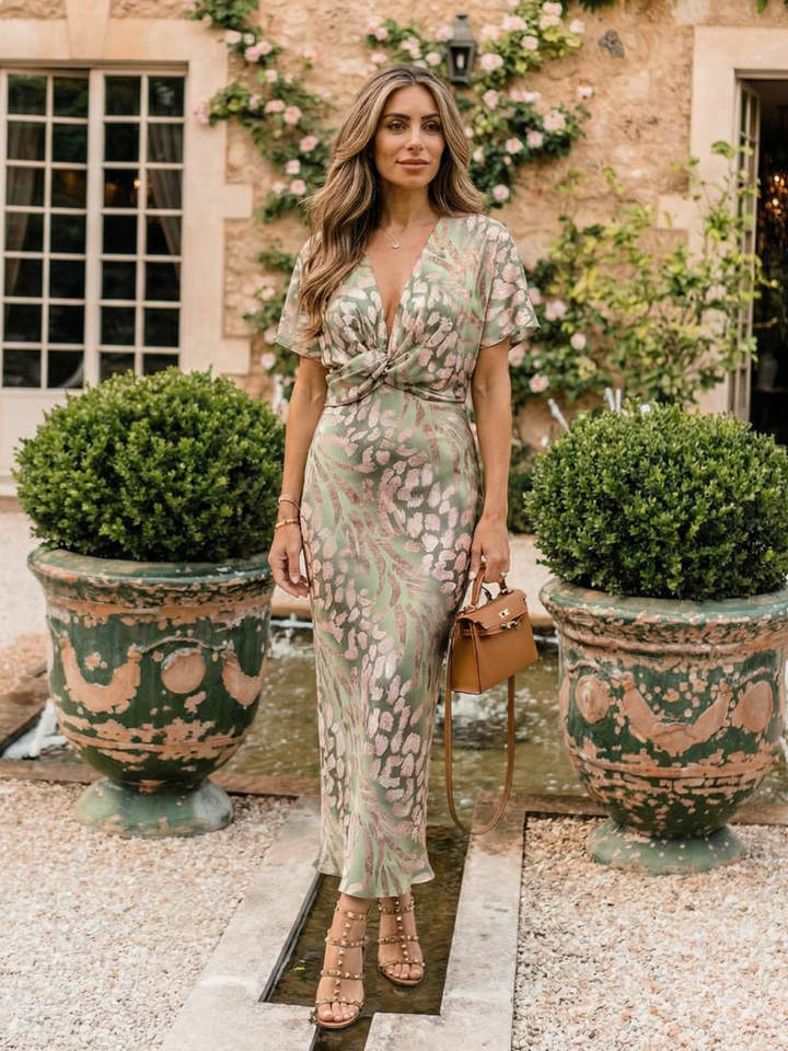 Coralie | Vestito Midi con Stampa Astratta e Scollatura a V con Vita Torcigliata