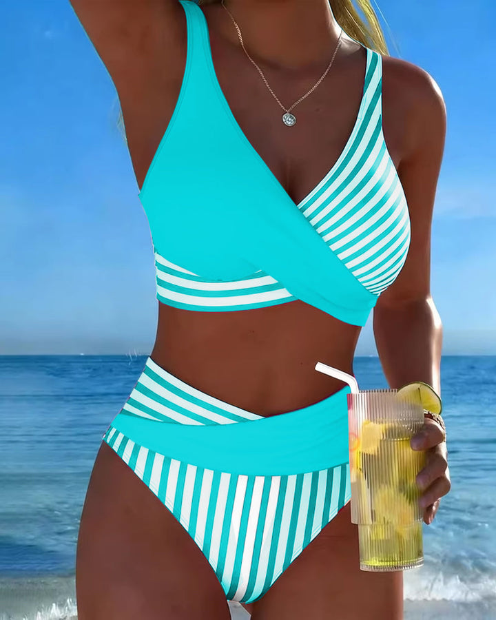 Bikini Incrociato con Stampa a Righe
