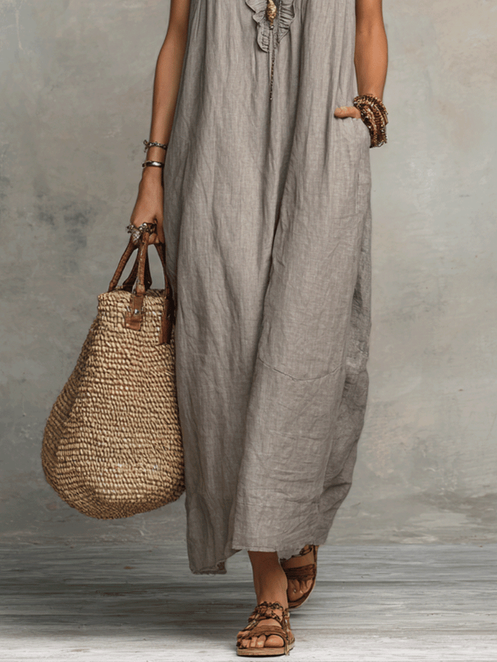 Abito Maxi Fluttuante Bohemien Senza Maniche con Scollatura a V