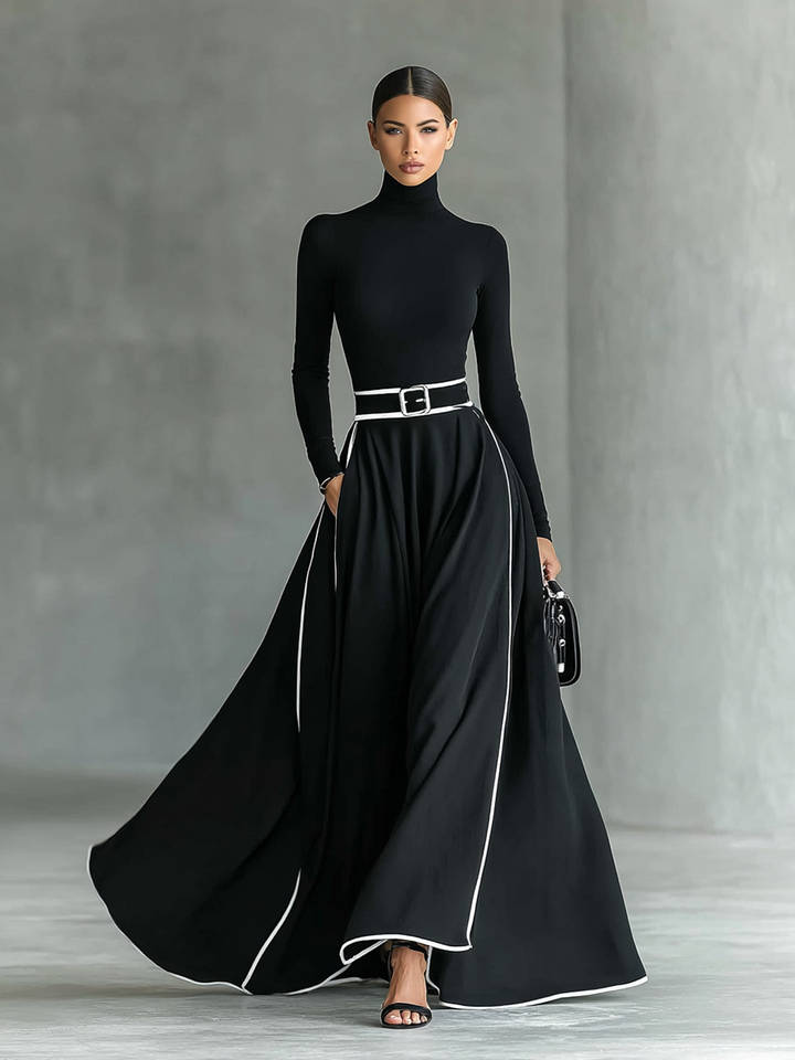 Abito Maxi Nero con Cuciture Bianche, Collo Alto, Maniche Lunghe e Cintura Fitta