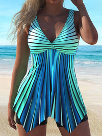 Azzurro - Set tankini a righe con top svasato che copre la pancia