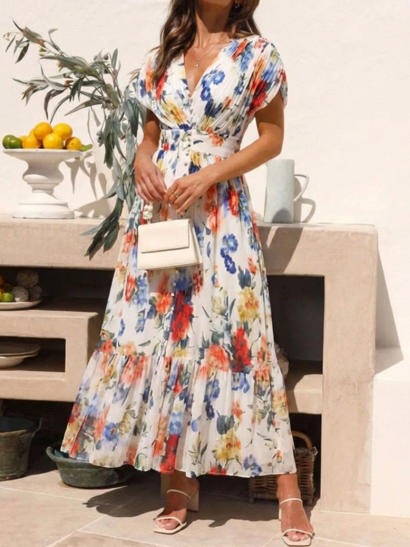 Savannah | Vestito midi floreale con maniche corte e plissettature