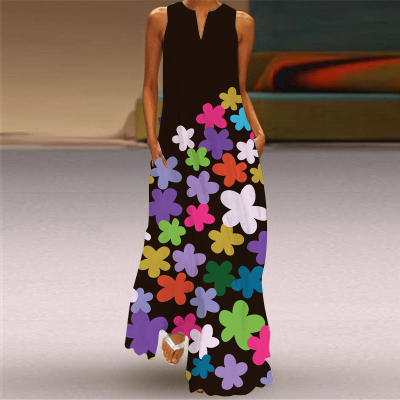 Bloomelle | Vestito Maxi Floreale Retro Senza Maniche con Scollatura a V
