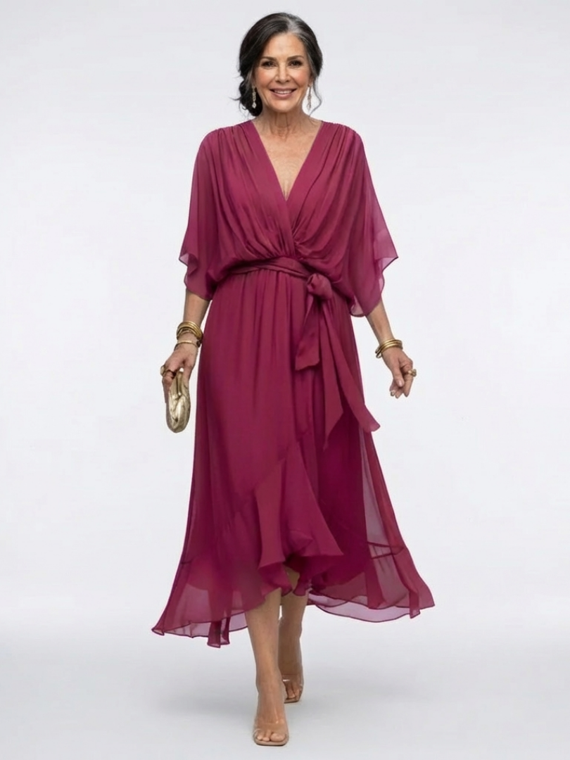 Elysia | Vestito Midi con Scollatura a V e Vita con Nastro