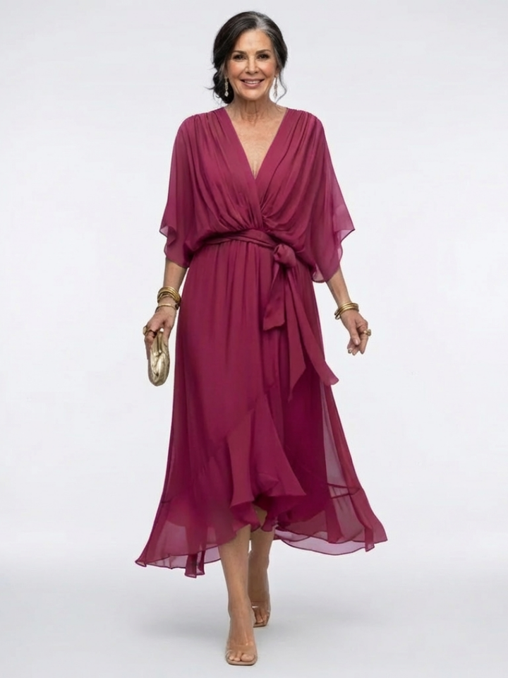 Elysia | Vestito Midi con Scollatura a V e Vita con Nastro