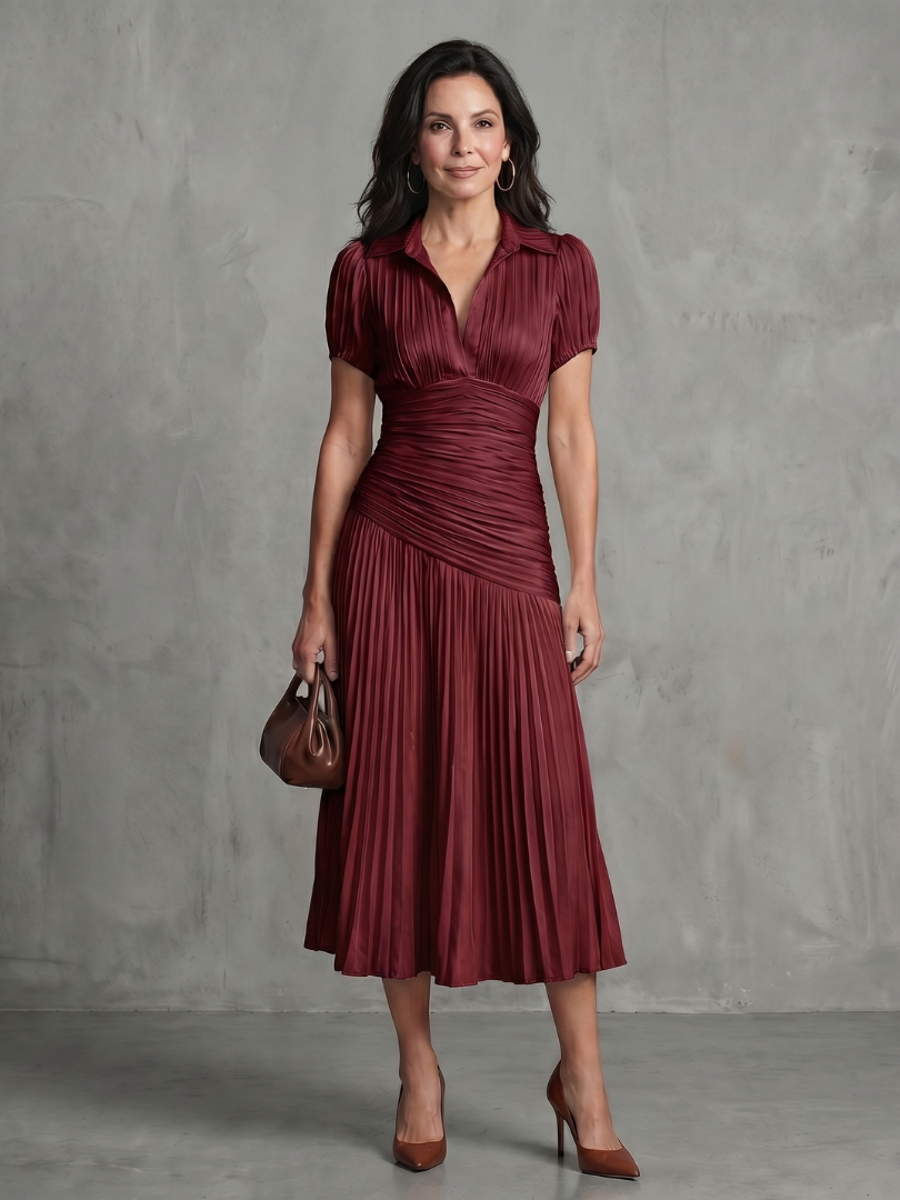 Theodora | Vestito Midi con Plissettatura e Strisce in Vita