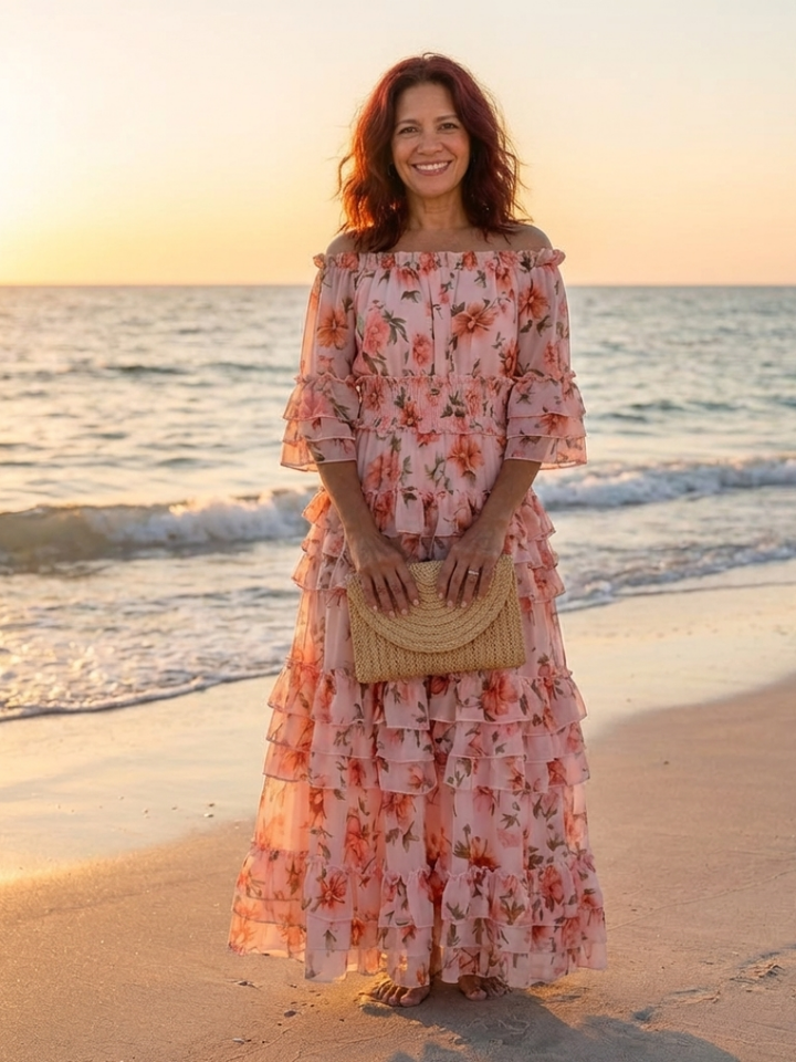 Rosalie | Vestito Maxi Floreale con Volant e Spalle Scoperte