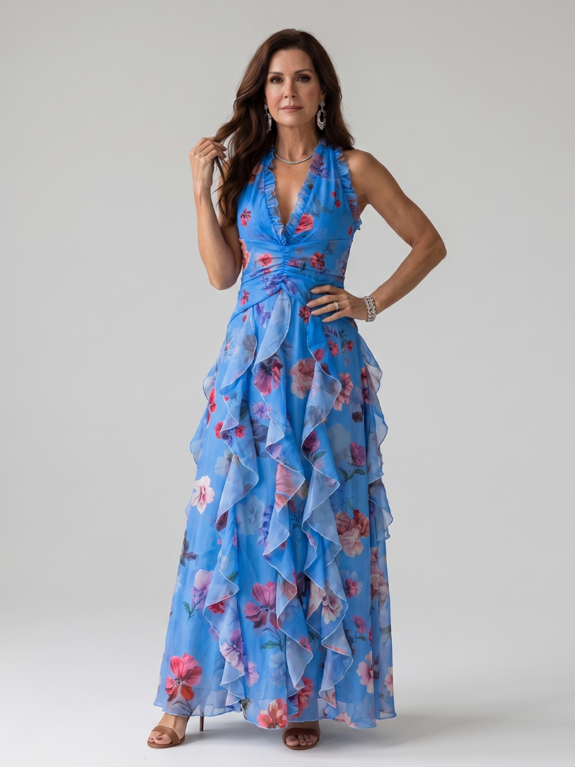 Nori | Abito Maxi con Scollo a Halter e Gonna Plissettata a Fiori
