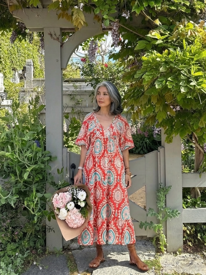 Zaria | Vestito midi a manica corta con scollo a V e stampa paisley