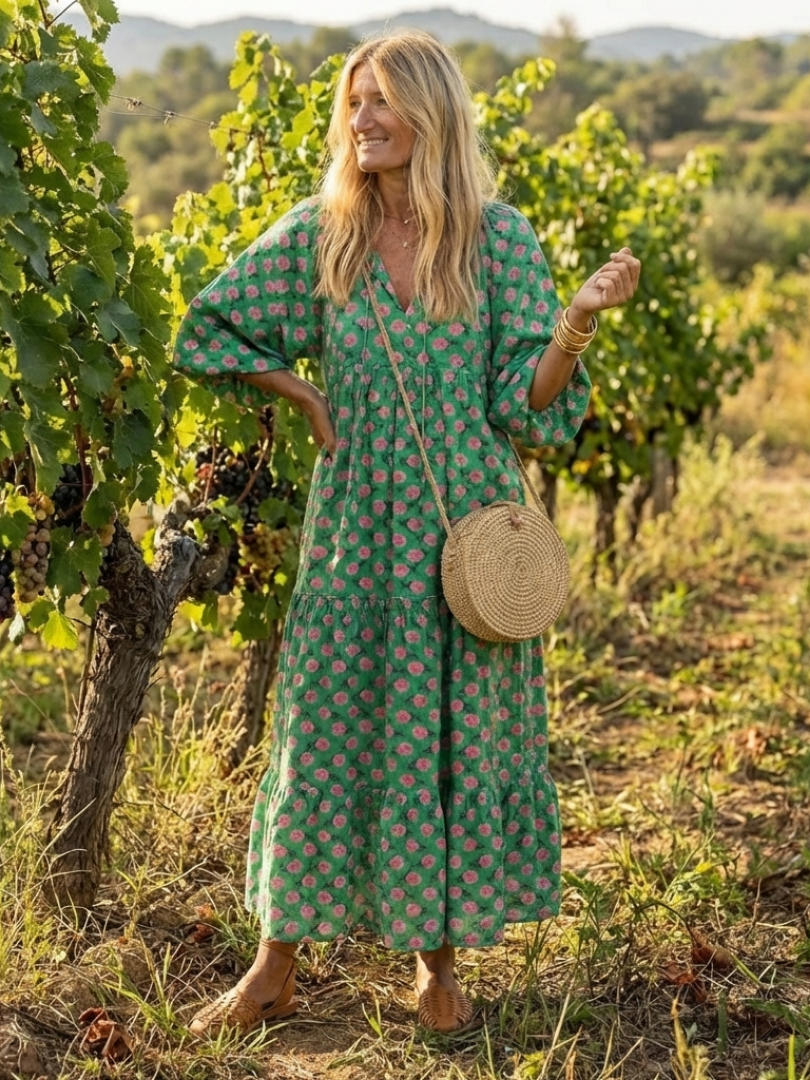 Fiora | Vestito Midi con Collo a V e Stampa Floreale