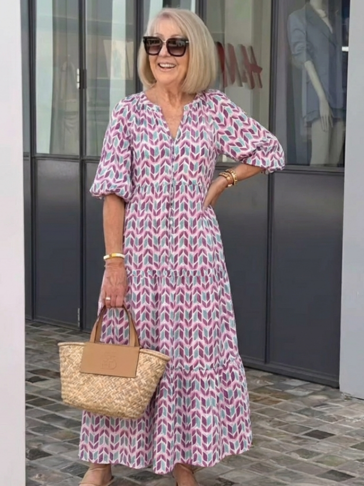 Mireya | Abito Midi a Maniche Lunghe con Stampa Geometrica