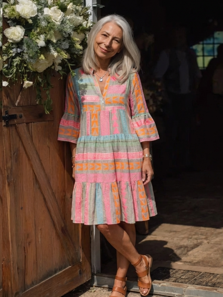 Maelle | Vestito lungo fino al ginocchio con stampa geometrica e scollatura a V