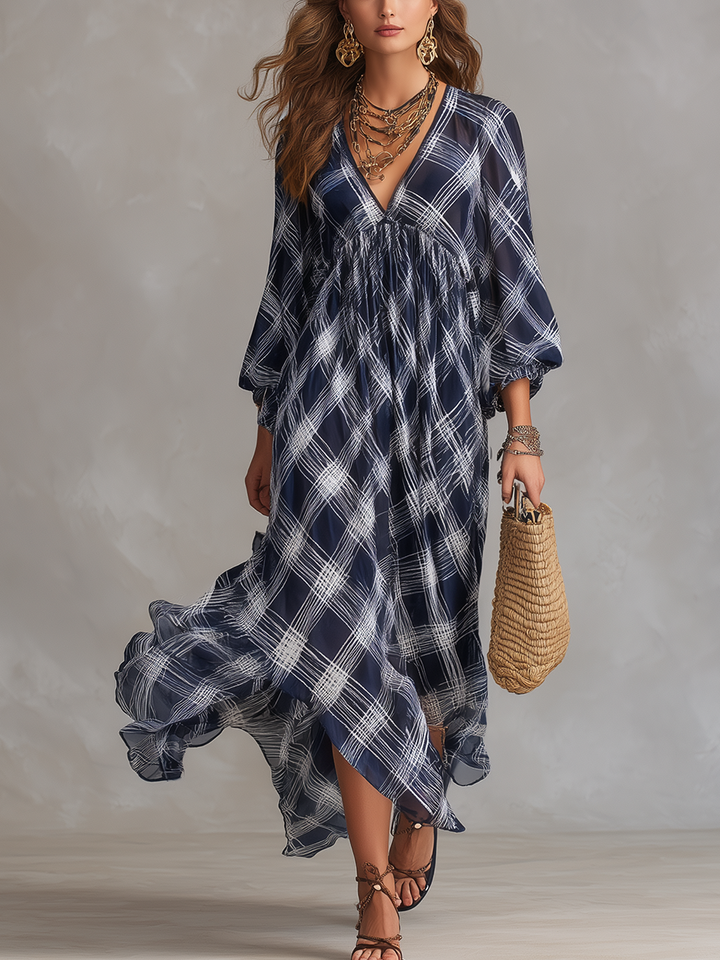 Abito Maxi Fluente a Righe Blu Marino in Stile Francese