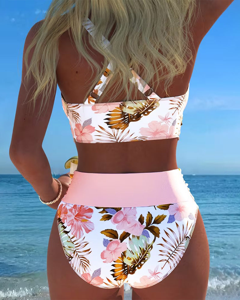 Bikini con stampa floreale a contrasto e spacco