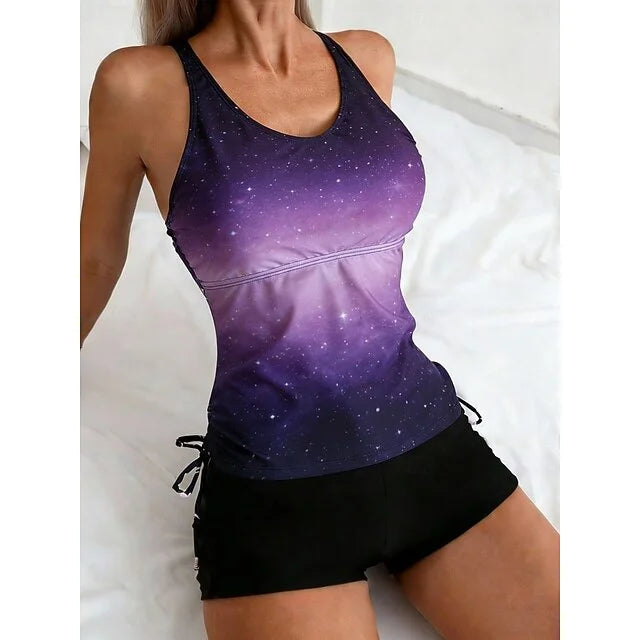 Celeste - Set tankini con stampa di galassia che copre la pancia