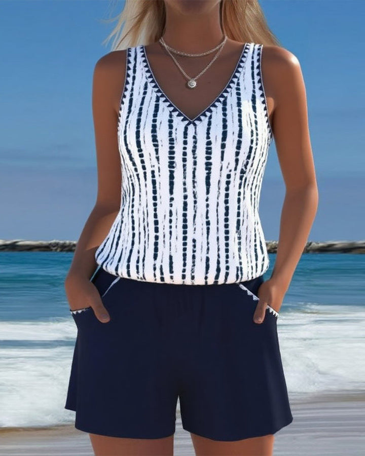 Costume da bagno casual con tasca e scollo a V