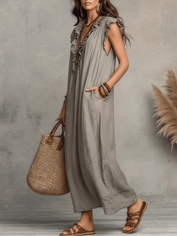 Abito Maxi Fluttuante Bohemien Senza Maniche con Scollatura a V