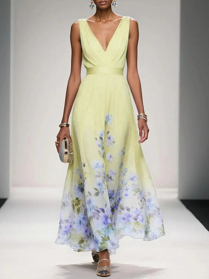 Abito lungo in chiffon azzurro chiaro con fiori, scollatura a V, senza maniche e taglio a A