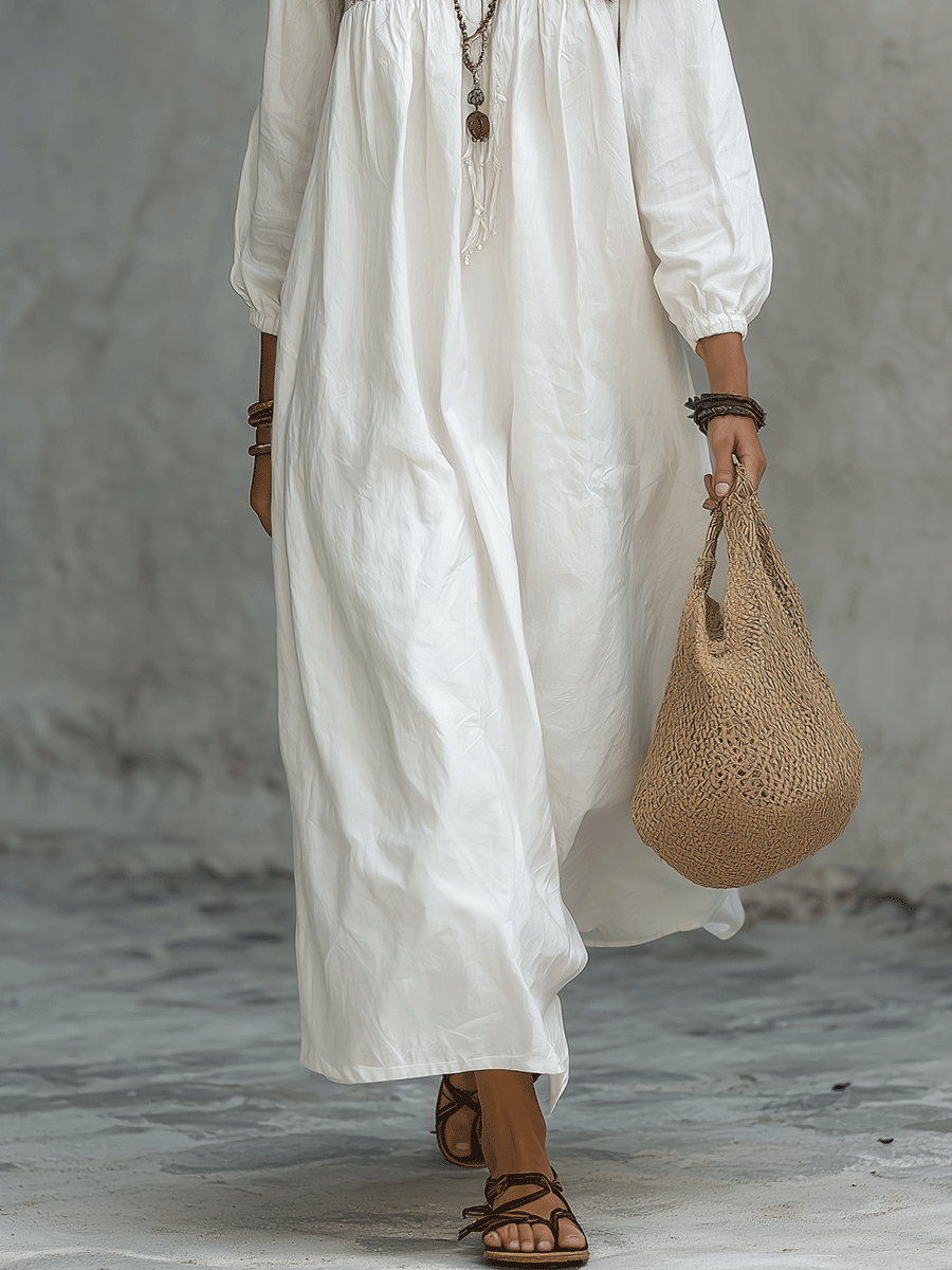Abito Maxy Bianco Bohemien con Ricamo di Fiori e Maniche a Palloncino