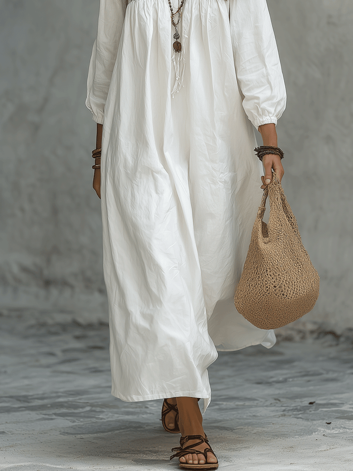 Abito Maxy Bianco Bohemien con Ricamo di Fiori e Maniche a Palloncino