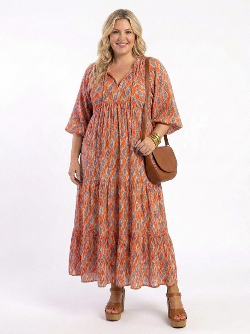 Amara | Vestito Midi con Collo a V e Stampa Geometrica