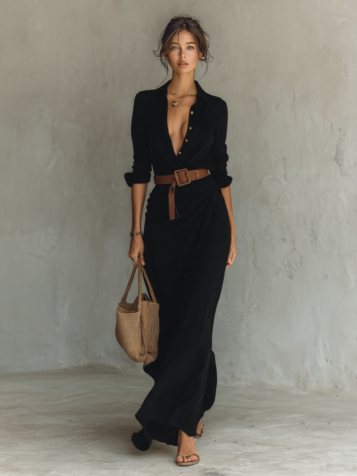 Vestito Maxi Lungo con Collo Notch e Maniche Lunghe per Donne