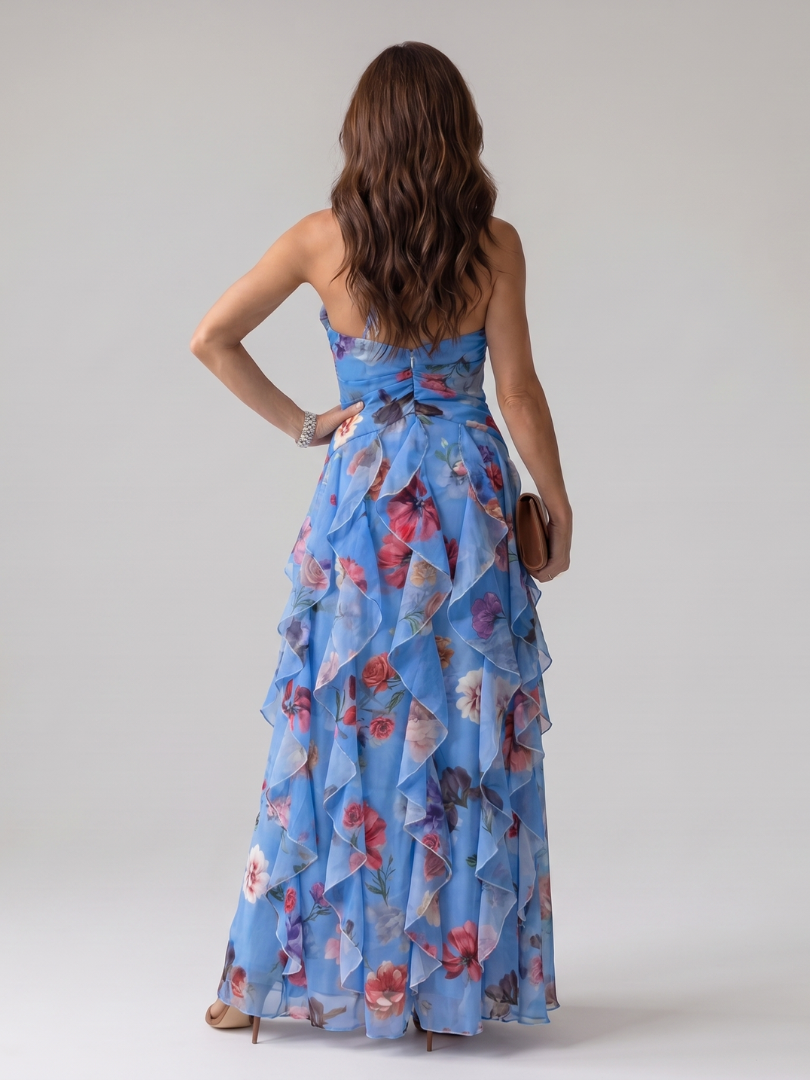 Nori | Abito Maxi con Scollo a Halter e Gonna Plissettata a Fiori