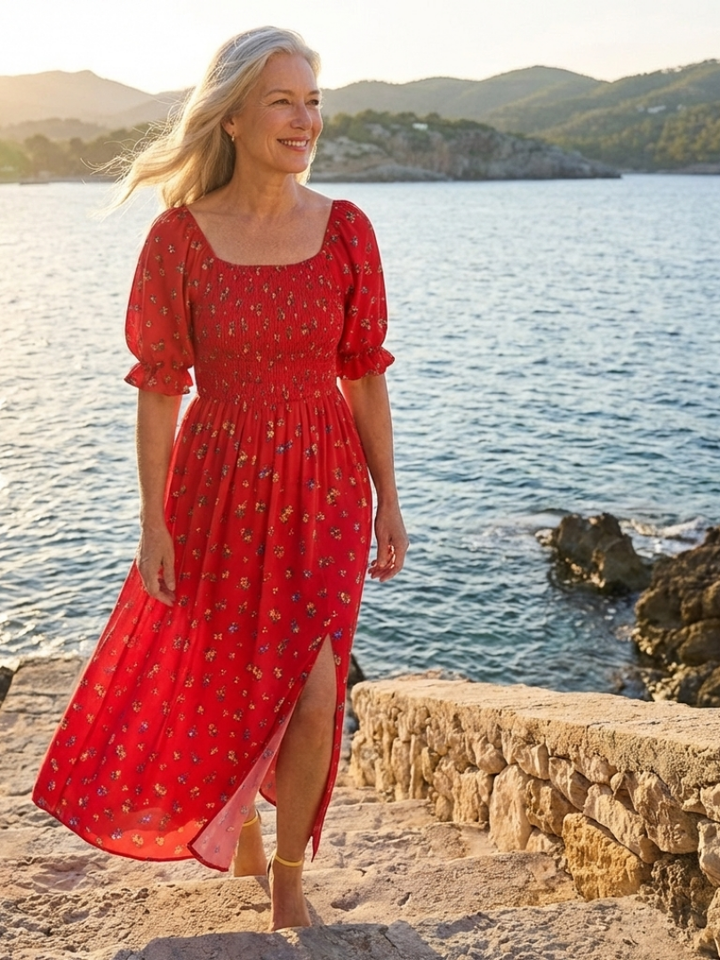 Delphine | Vestito Midi con Maniche A Palloncino e Collo Quadrato e Floreale