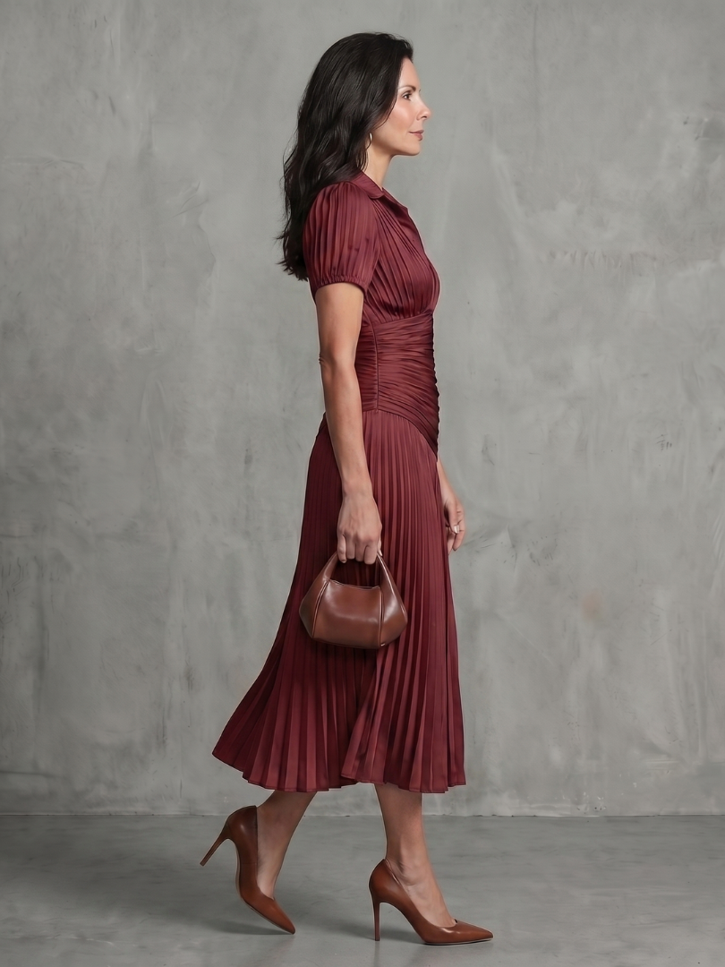 Theodora | Vestito Midi con Plissettatura e Strisce in Vita