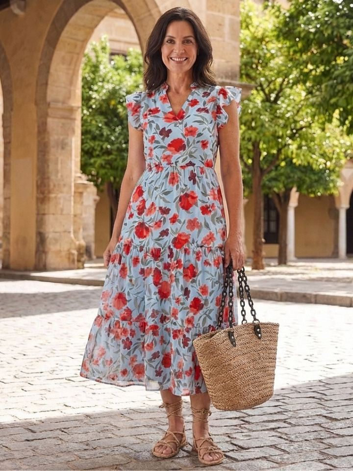 Lila | Vestito Midi a Fiori con Scollatura a V