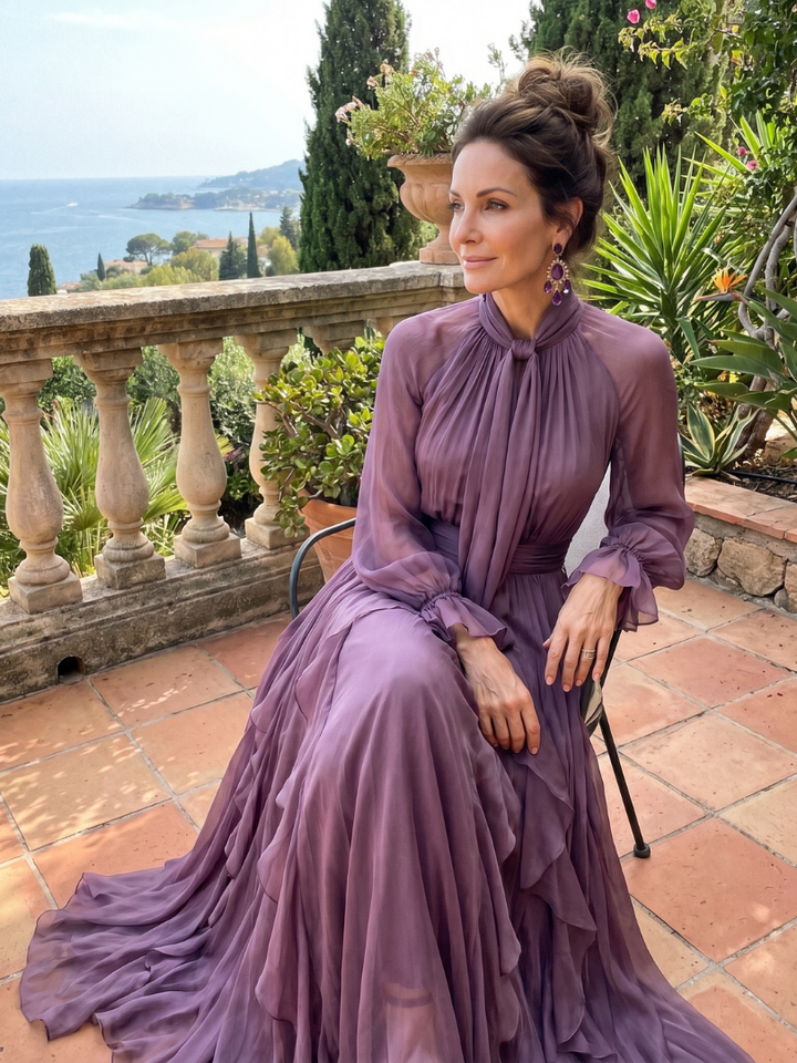 Demetria | Abito Maxi con Collo a Strascico e Righe
