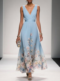 Abito lungo in chiffon azzurro chiaro con fiori, scollatura a V, senza maniche e taglio a A