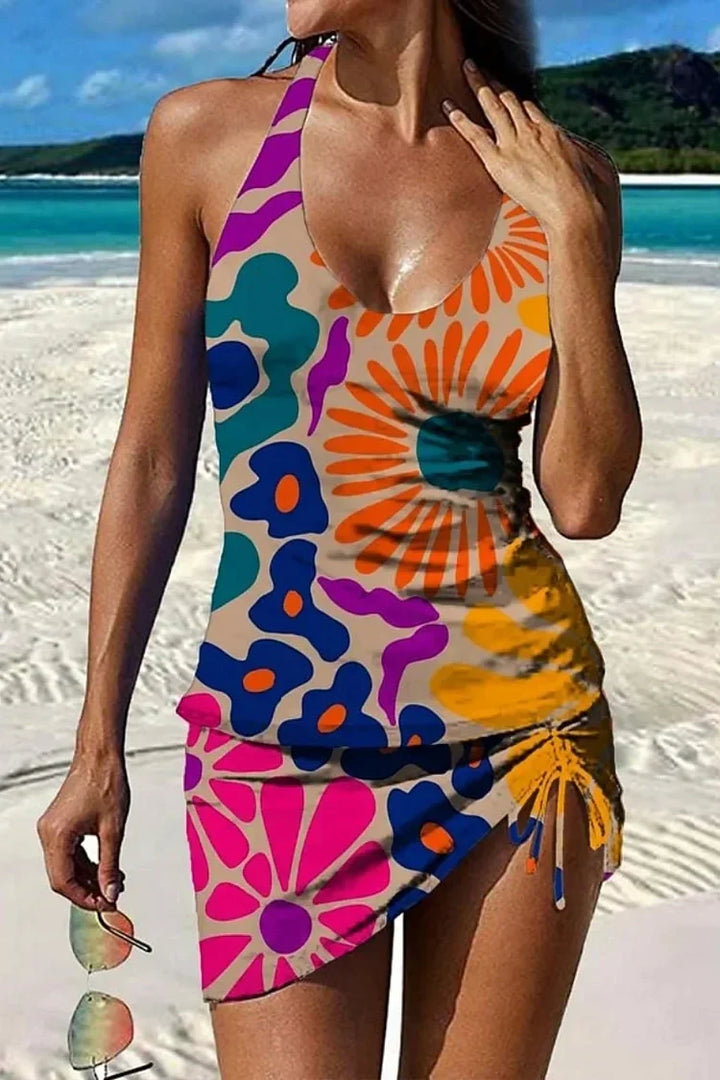 Fiesta - Set tankini floreale con design grafico che copre la pancia