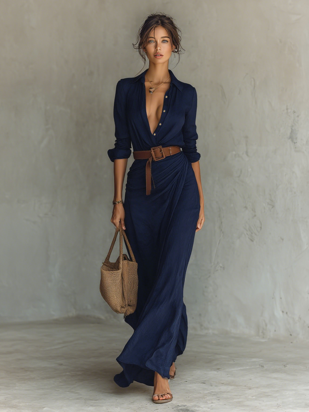 Vestito Maxi Lungo con Collo Notch e Maniche Lunghe per Donne