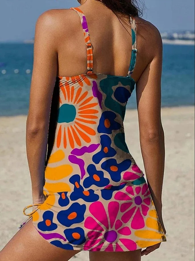 Fiesta - Set tankini floreale con design grafico che copre la pancia