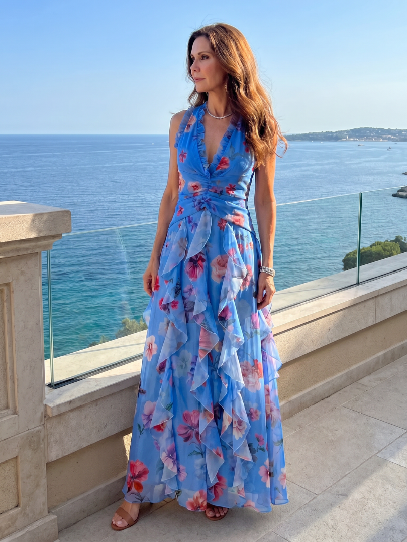 Nori | Abito Maxi con Scollo a Halter e Gonna Plissettata a Fiori