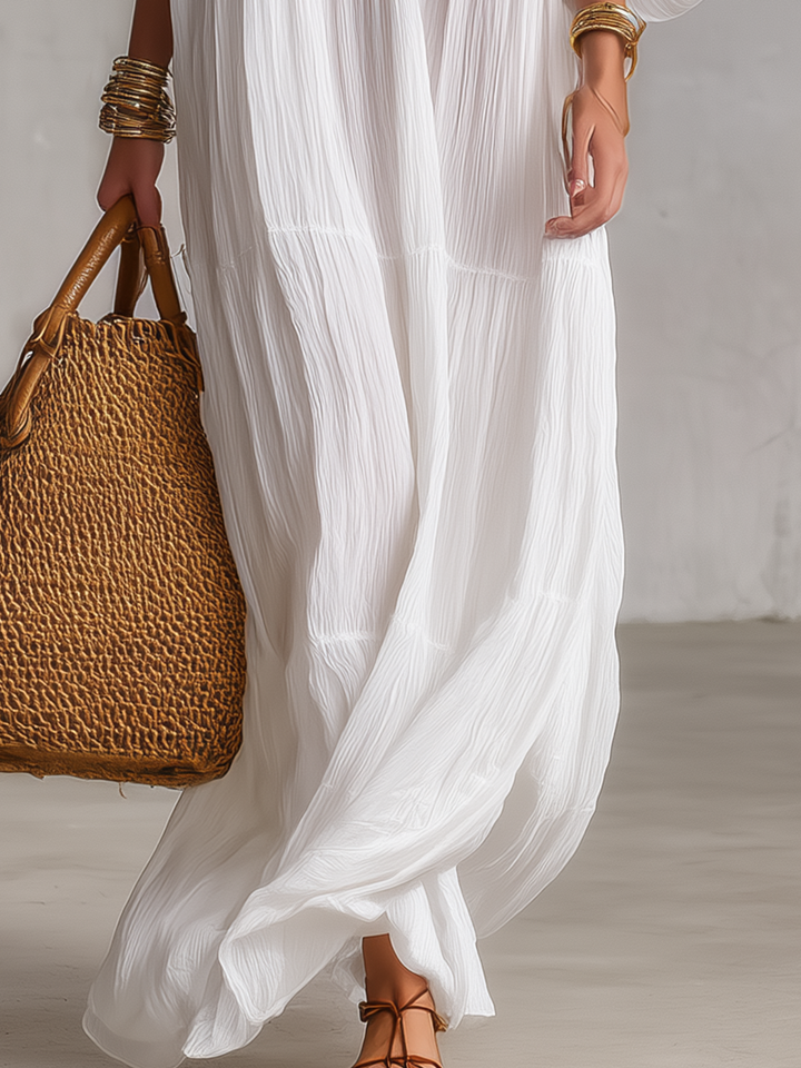 Kaftano Maxi Crinkle Bianco Ricamato Bohemien con Scollatura a V