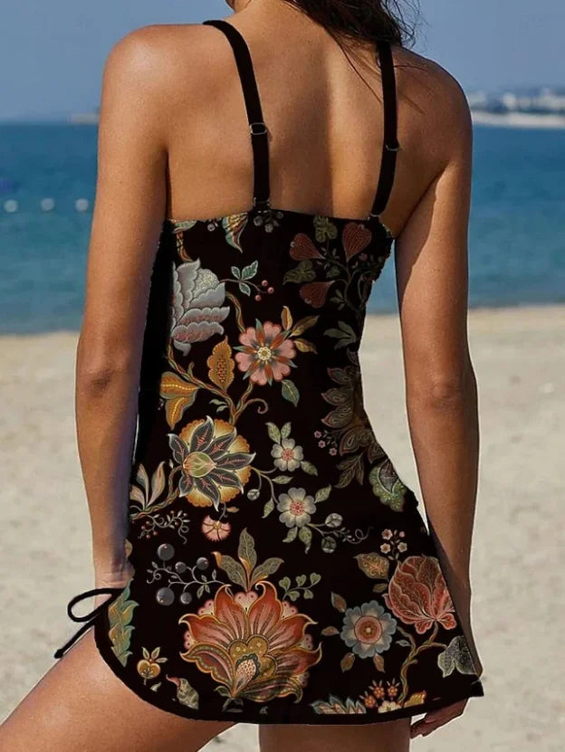 Fiesta - Set tankini floreale con design grafico che copre la pancia
