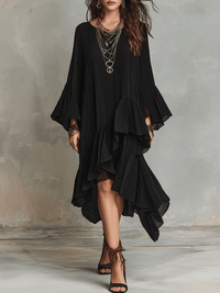 Elegante Abito Midi Boho Nero con Righe Asimmetriche