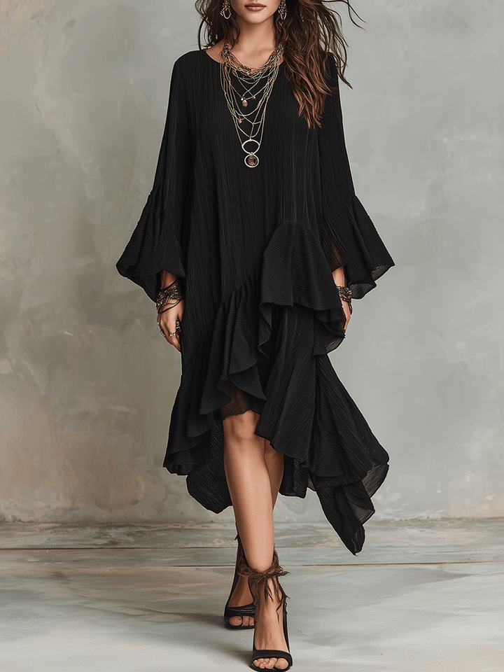 Elegante Abito Midi Boho Nero con Righe Asimmetriche