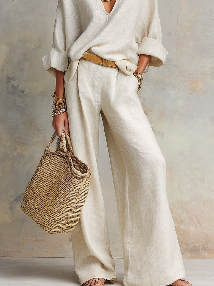 Naomi | Completo in Lino Col V Oversize & Pantaloni Largo Fluido