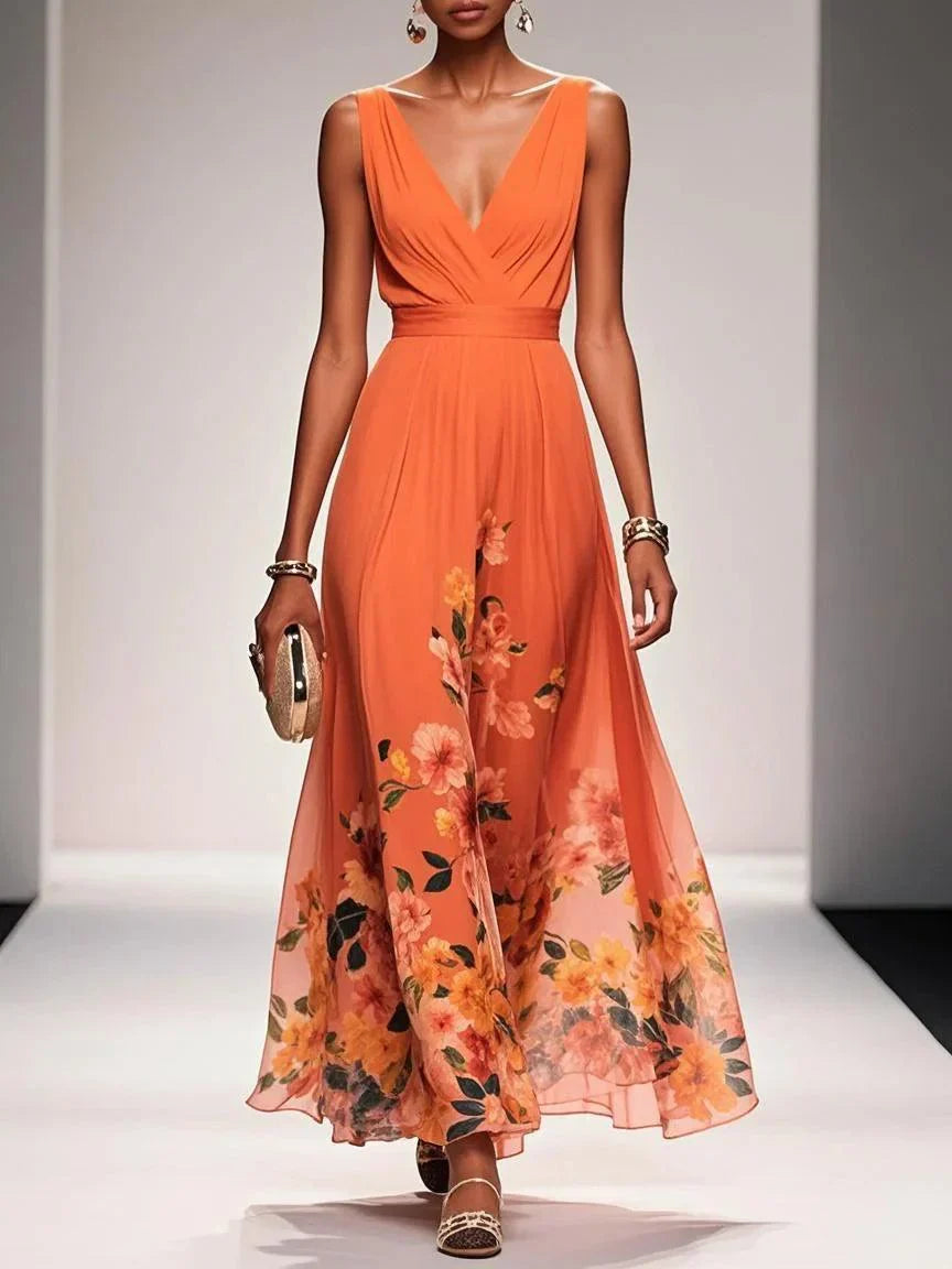 Abito lungo in chiffon azzurro chiaro con fiori, scollatura a V, senza maniche e taglio a A