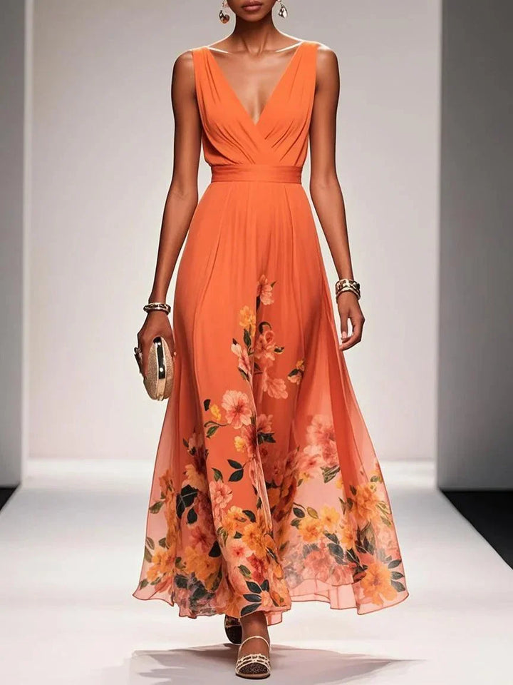 Abito lungo in chiffon azzurro chiaro con fiori, scollatura a V, senza maniche e taglio a A
